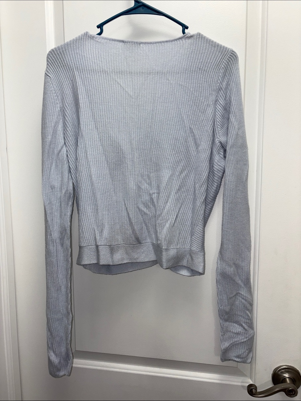 LYR by Splendid Cashmere Blend Rib Knit Wrap Sweater Blue Draped Surplice Top L - Picture 7 of 7